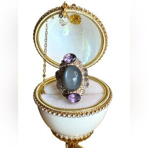 Sajen sterling silver 925 Chalcedony & amethyst scrolled  Bali designer ring